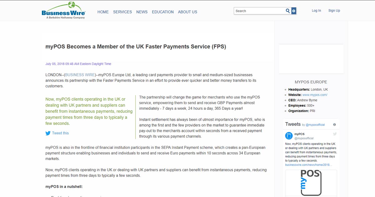 myPOS Becomes a Member of the UK Faster Payments Service (FPS)