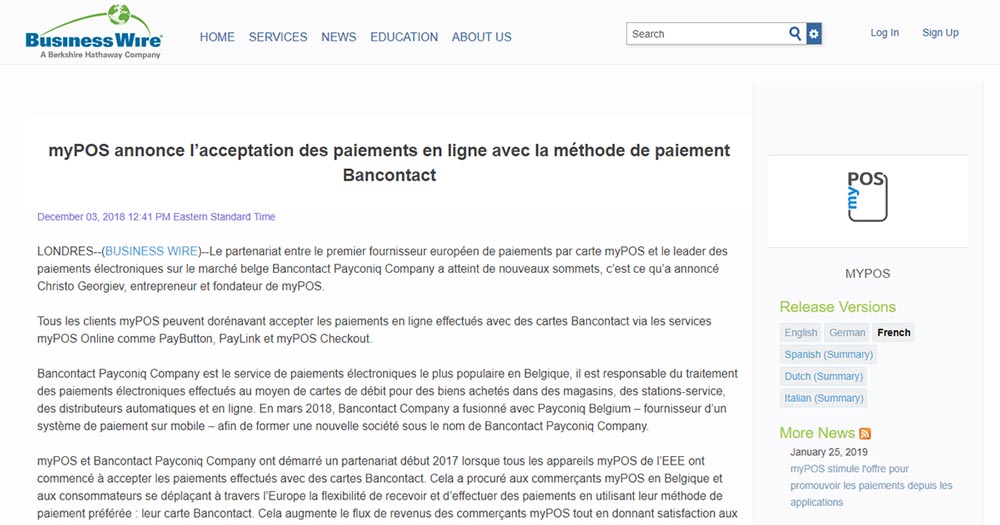 myPOS annonce l’acceptation des paiements en ligne avec la méthode de paiement Bancontact